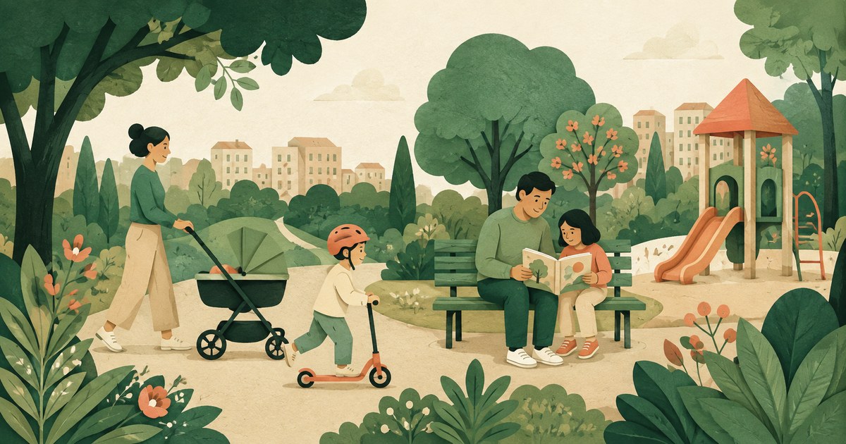 An illustration of parents and children walking, riding a scooter, and reading in a park.