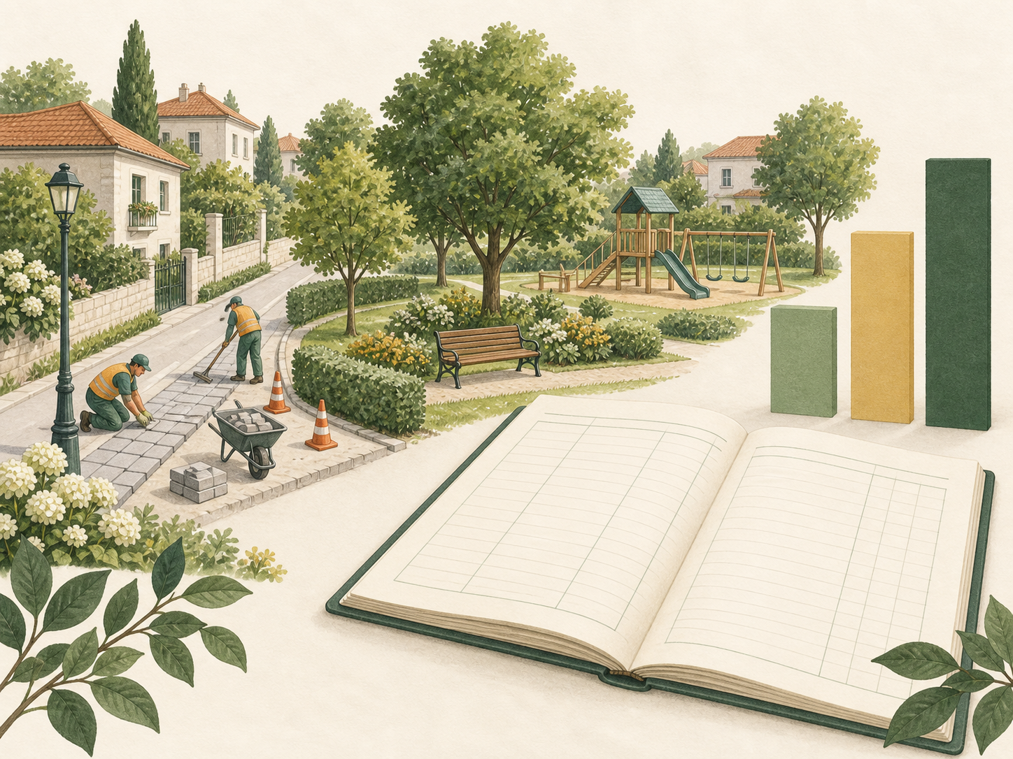 Ilustracija uređenja nogostupa, parka i pregleda troškova