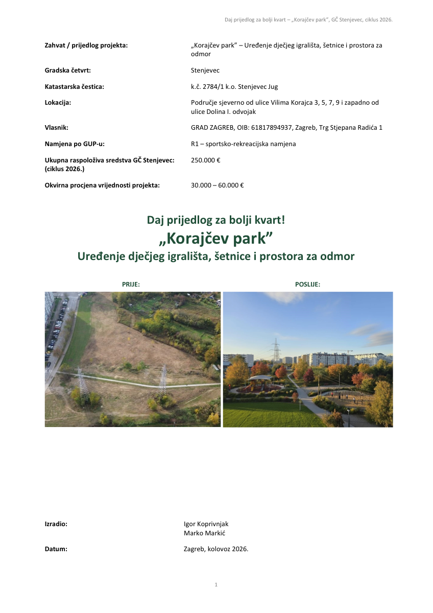 Homepage of the proposal Korajčev park with a view to the present and possible future appearance of the space