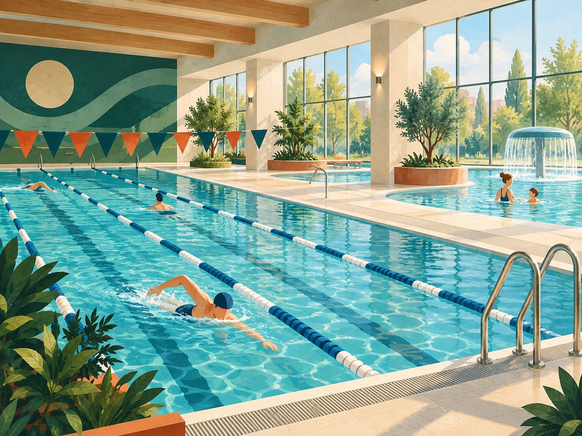 Illustration of a modern indoor pool with swimming tracks and a smaller pool