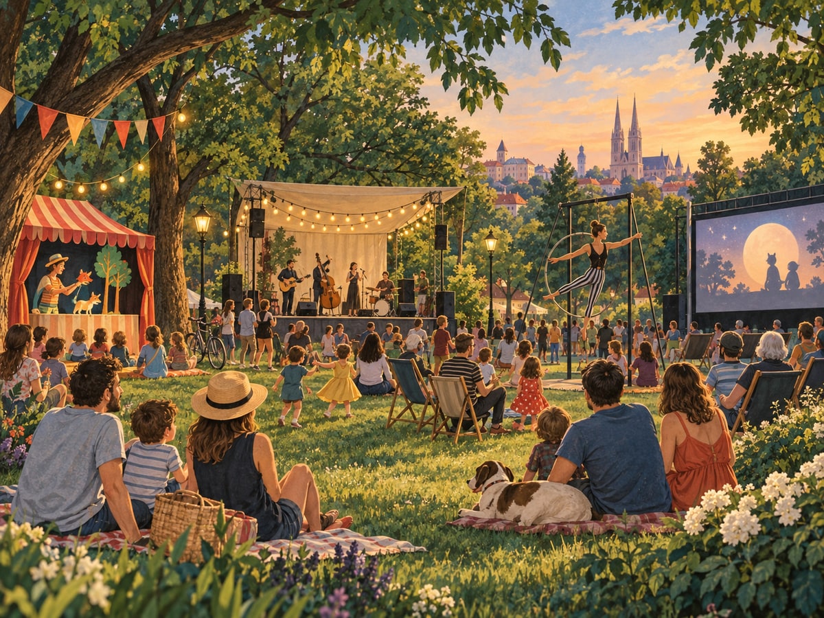 Illustration of an outdoor culture programme with music, theatre, circus and a cinema screen