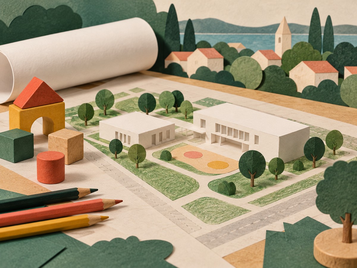 Simbolična ilustracija planiranja vrtića i škole uz nacrte i drvene kocke