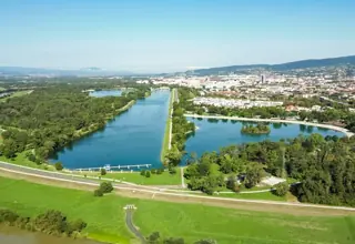 View of the lakes and greenery of Jarun from the air