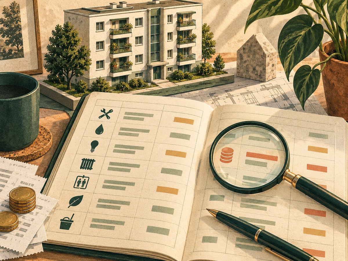 Illustration of an open cost book, enlarged and residential buildings